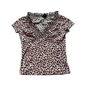 BCBG y2k pink black geometric pattern ruffle collar blouse  sz S